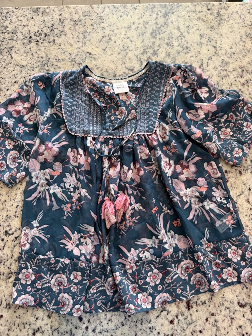 Knox Rose Navy Floral V-Neck Peasant Top with Pink Accents